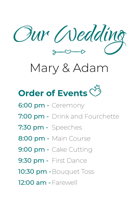 Wedding Schedule With Couple Names Event Order Sign Template